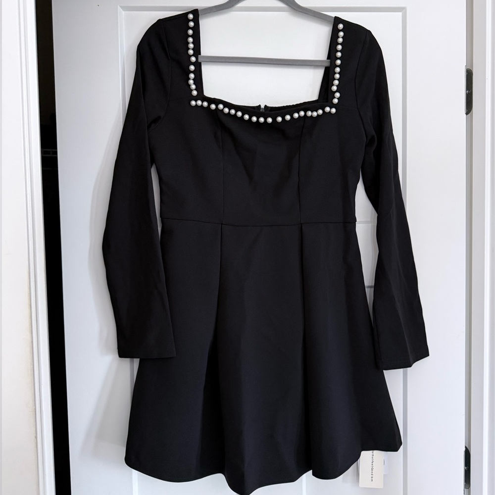 Commense Square Neck Pearl Detail Mini Dress – Black | Size L